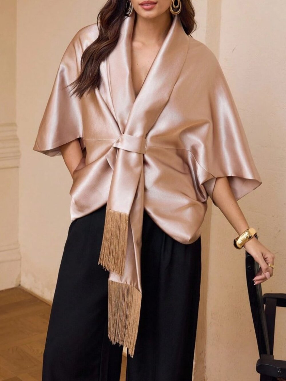 Blush Pink Satin Kimono Top with Shawl Collar & Fringe Tie